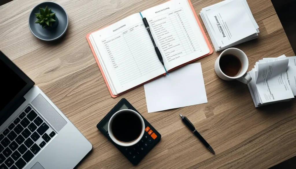 Desk with laptop, ledger, calculator, coffee cup, receipts, pen.