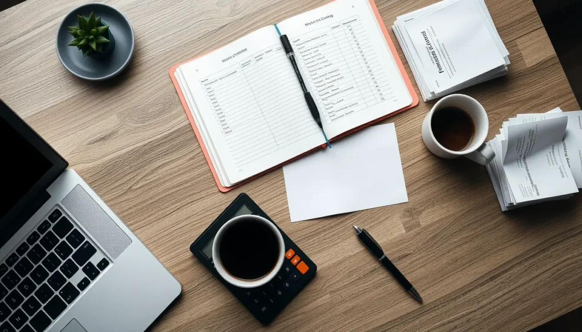 Desk with laptop, ledger, calculator, coffee cup, receipts, pen.