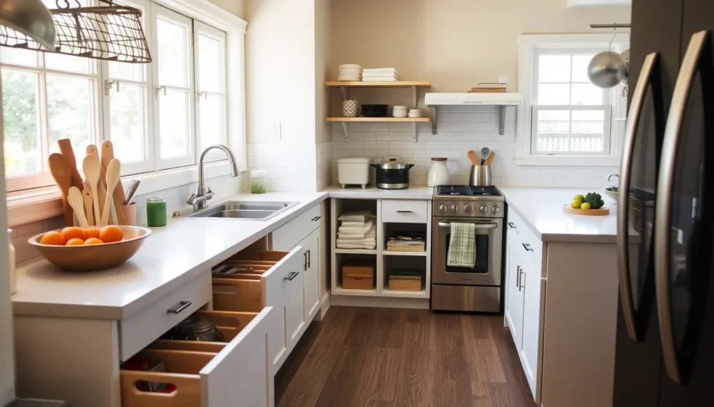A small, organized kitchen with pull‑out drawers, open shelving, and a clear countertop.