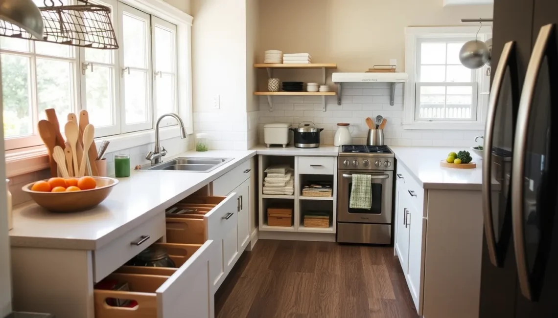 A small, organized kitchen with pull‑out drawers, open shelving, and a clear countertop.