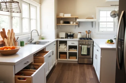 A small, organized kitchen with pull‑out drawers, open shelving, and a clear countertop.