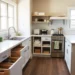 A small, organized kitchen with pull‑out drawers, open shelving, and a clear countertop.